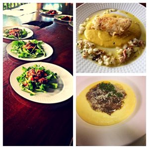 Clockwise from the left: Arugula salad, Pan seared pot fish atop sweet potato plantain puree & octopus lychee vinaigrette, braised oxtail ragout