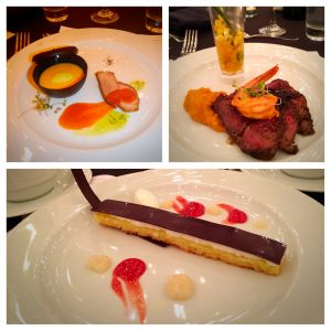 Clockwise from top left: Plated Team Competition Appetizer, Entree & Dessert