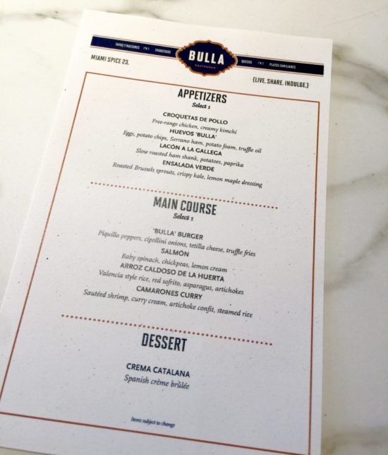 Bulla Gastrobar Miami Spice Lunch Menu